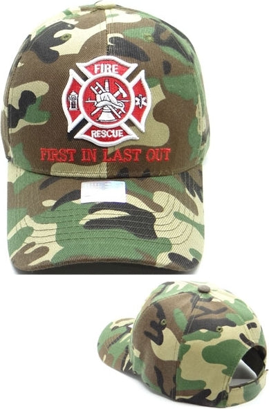 Fire Rescue Emblem First In Last Out Mens Cap [Green Camouflage]