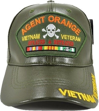 Agent Orange Patch Vietnam Veteran Mens Vinyl Leather Cap [Olive Green - Adjustable Size]