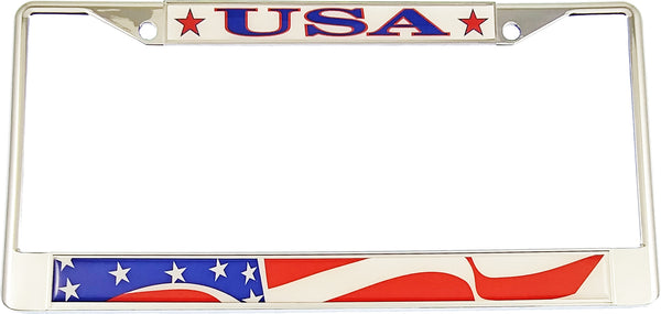 United States Waving Flag Domed USA Metal License Plate Frame [Silver]