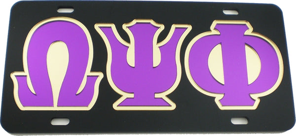 Omega Psi Phi Outlined Mirror License Plate [Black/Purple/Gold - Car or Truck]