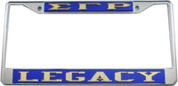 Sigma Gamma Rho Legacy License Plate Frame [Silver Standard Frame - Blue/Gold]