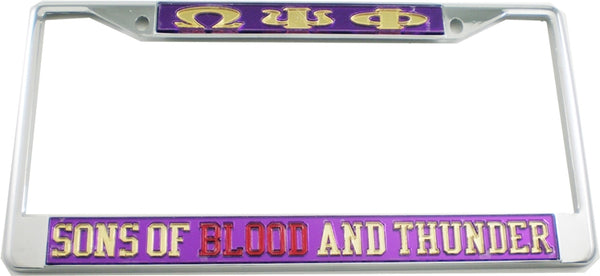 Omega Psi Phi Sons Of Blood And Thunder License Plate Frame [Purple/Gold - Car or Truck - Silver Standard Frame]